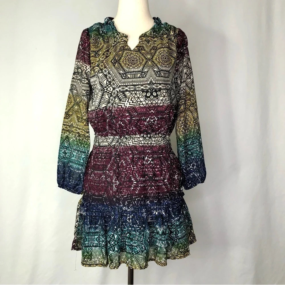 Ella Moss dress geometric jewel-tone ombre stripe chiffon ruffle bottom 12